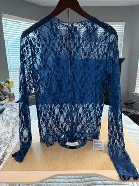 Topshop Navy Blue Lace Long-Sleeve Sheer Blouse